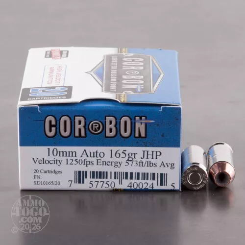 10mm Auto Ammunition for Sale. Corbon 165 Grain Jacketed Hollow-Point (JHP) – 20 Rounds