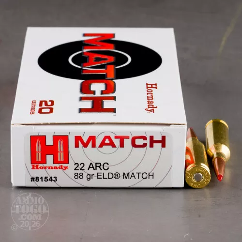 22 ARC Ammunition for Sale. Hornady 88 Grain ELD Match – 20 Rounds