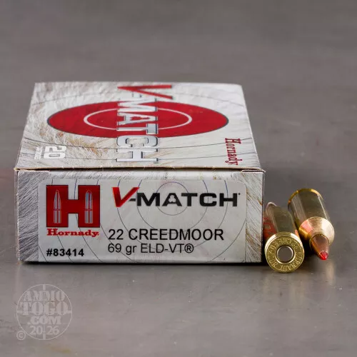 22 Creedmoor Ammunition for Sale. Hornady 69 Grain ELD-VT – 20 Rounds