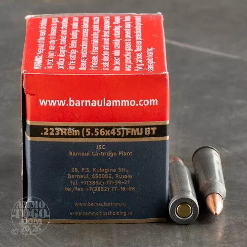223 Remington Ammo – 20 Rounds of 55 Grain Full Metal Jacket Boat Tail (FMJ-BT) by Barnaul