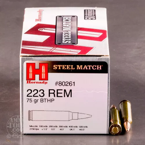 223 Remington Ammo – 50 Rounds of 75 Grain Hollow-Point Boat Tail (HP-BT) by Hornady