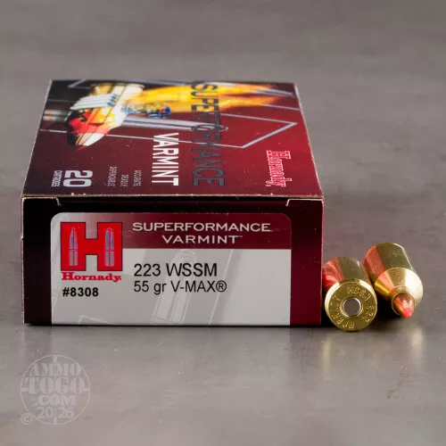 .223 WSSM Ammunition for Sale. Hornady 55 Grain V-MAX – 20 Rounds