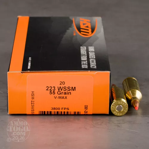.223 WSSM Ammunition for Sale. HSM Ammunition 55 Grain V-MAX – 20 Rounds