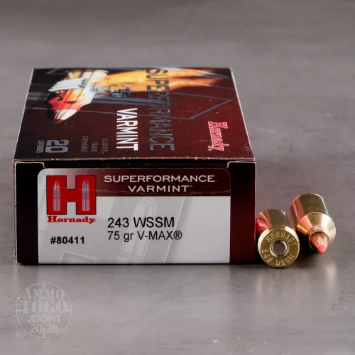 243 WSSM Ammunition for Sale. Hornady 75 Grain V-MAX - 20 Rounds