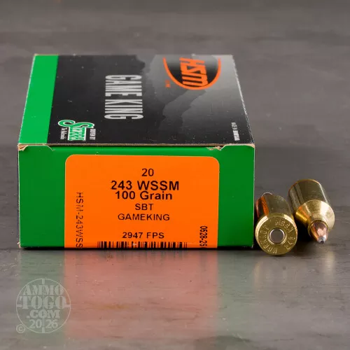 243 WSSM Ammunition for Sale. HSM Ammunition 100 Grain Soft-Point Boat Tail (SP-BT) - 20 Rounds