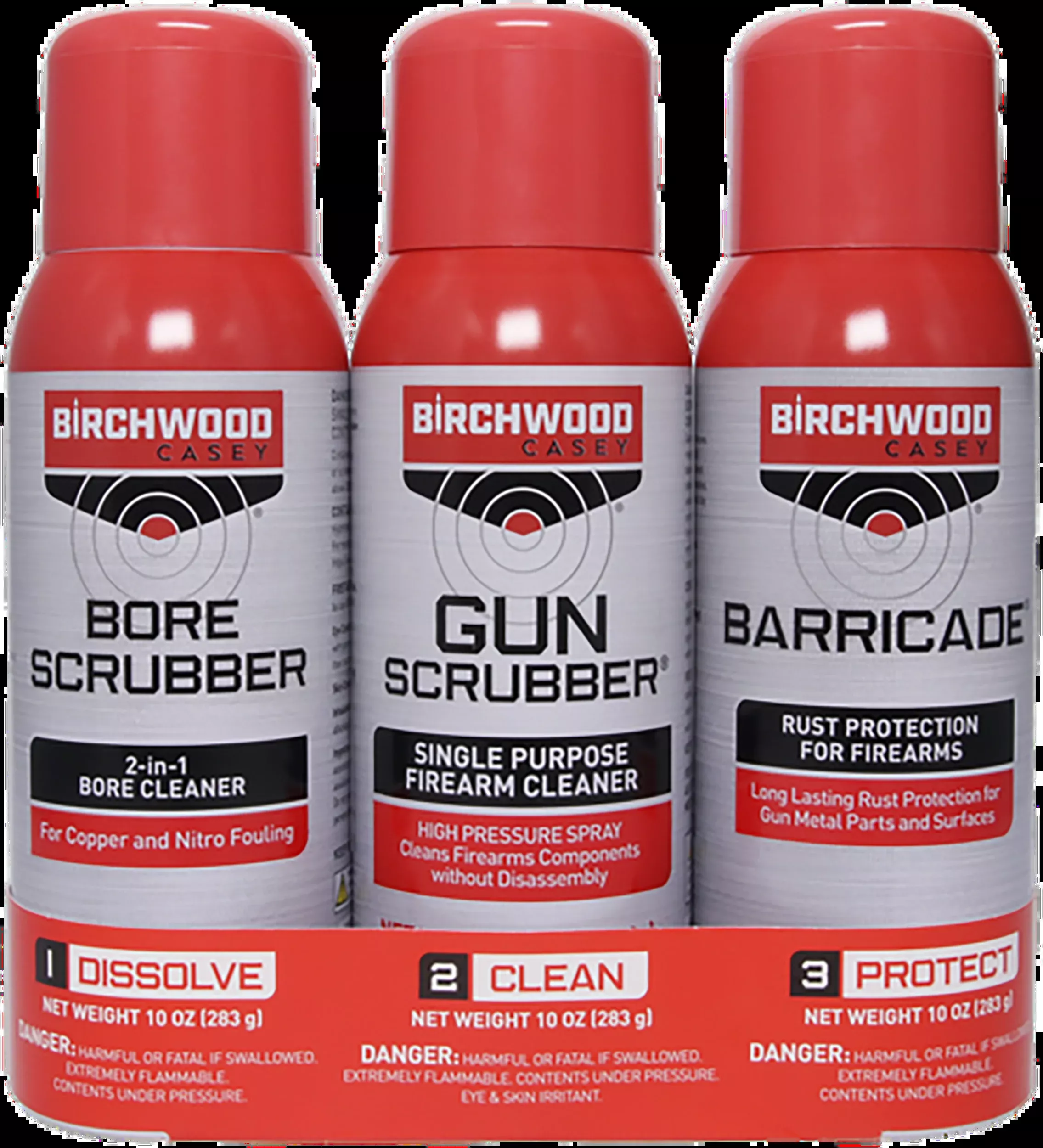 Birchwood Casey 1-2-3 Aerosol Value Pack Kit 10 oz 3-Pack - Bore Scrubber, Gun Scrubber & Barricade