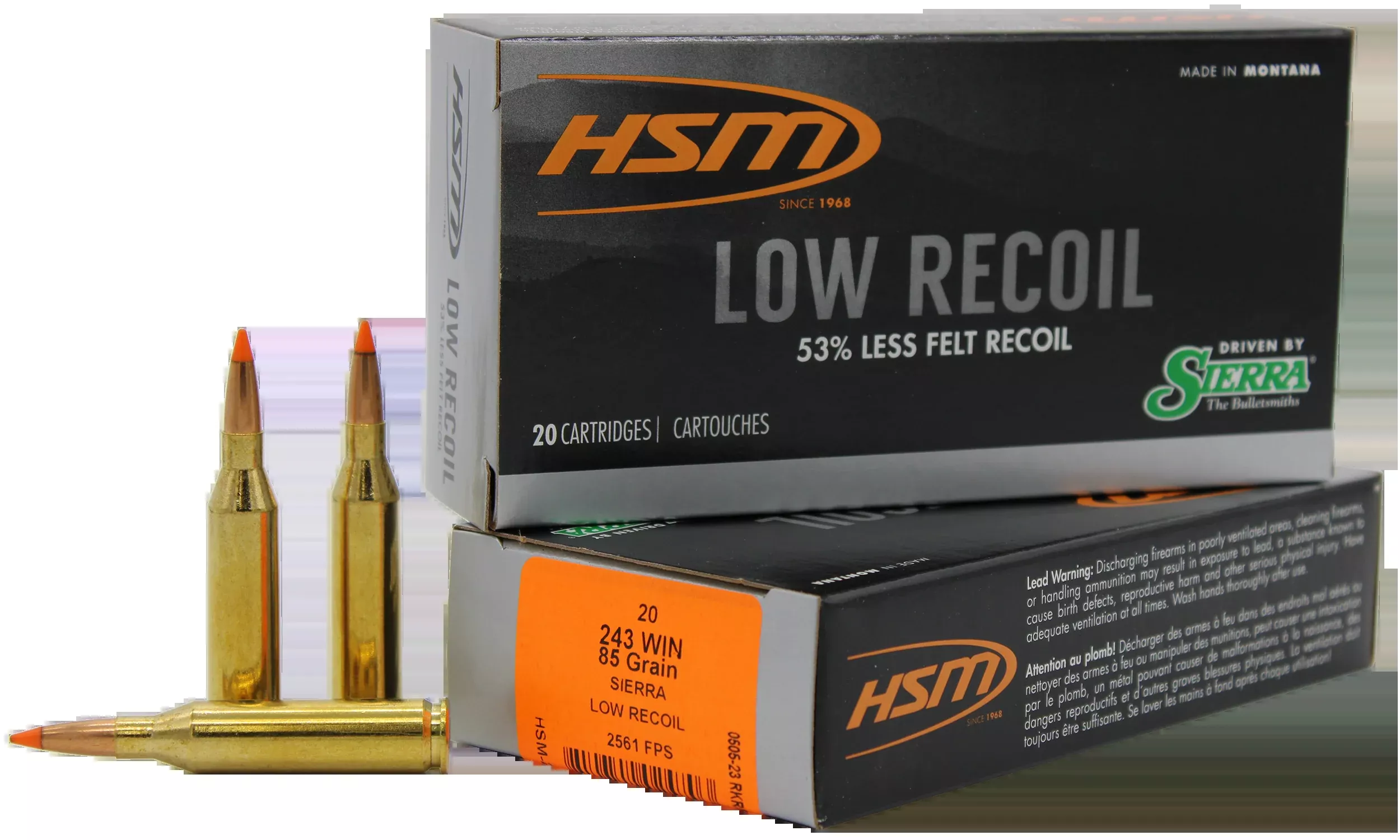 HSM Low Recoil 243 Win 85gr Orange Polymer Tip 20rd - Box or Case