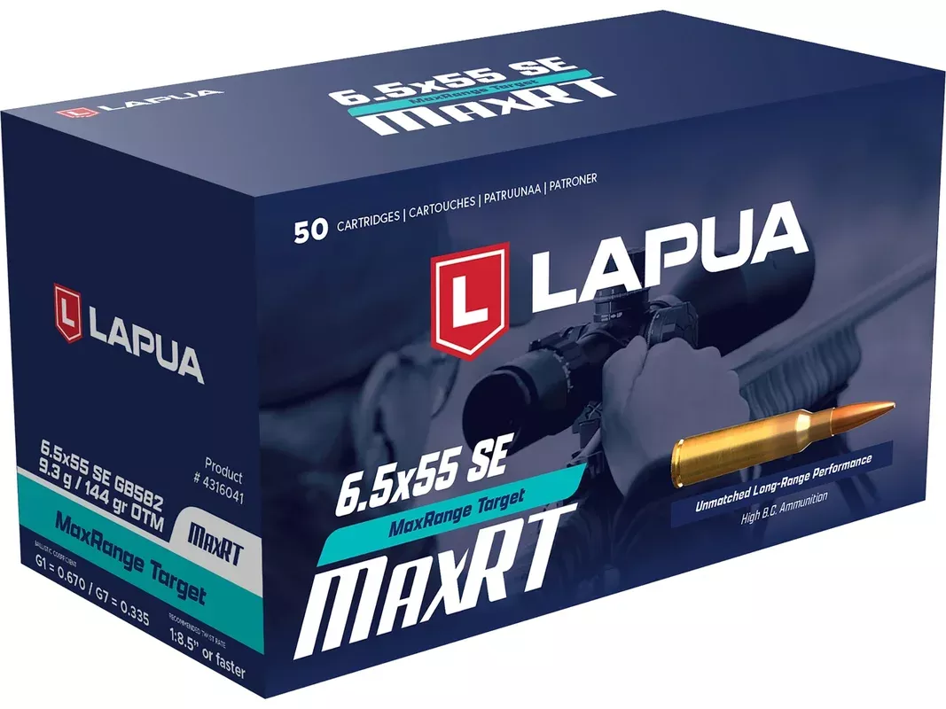 Lapua 6.5x55mm Swedish Mauser Ammo 144 Grain Lapua MaxRange Target Solid Hollow Point Lead Free Box of 50